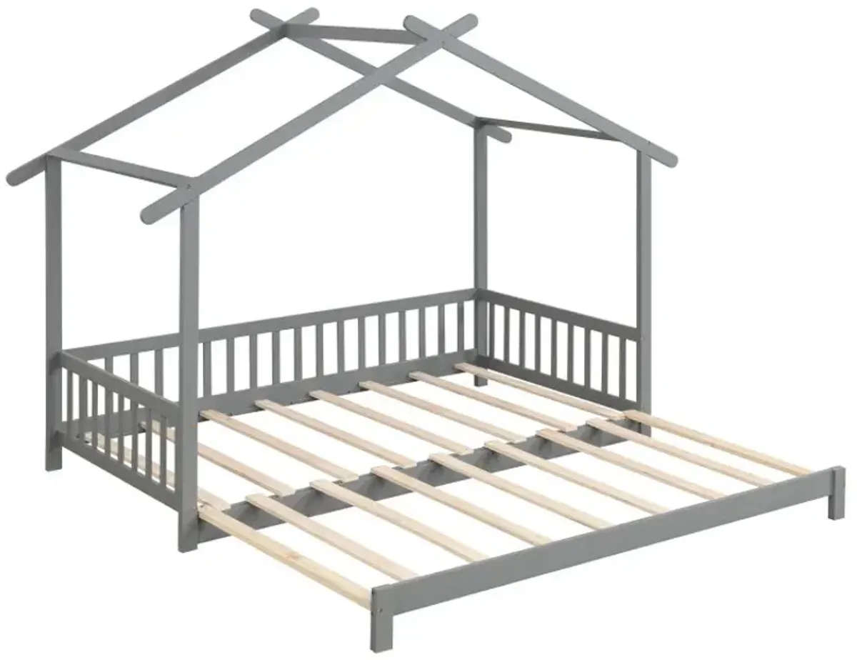 Extendable House Bed Twin to King Daybed with Roof and Fence Rails