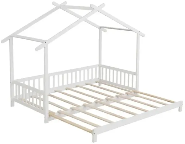 Extendable House Bed Twin to King Daybed with Roof and Fence Rails