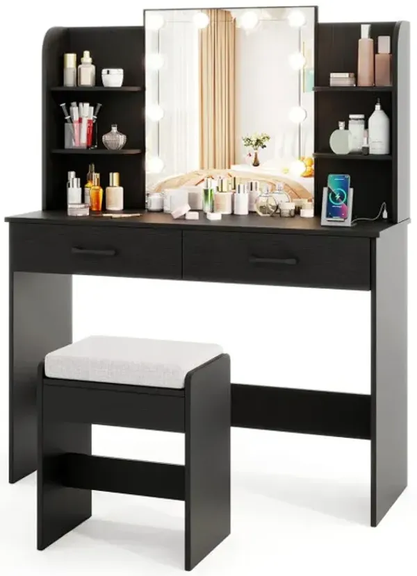 Vanity Set with Lighted Mirror and Stool with Power Outlet