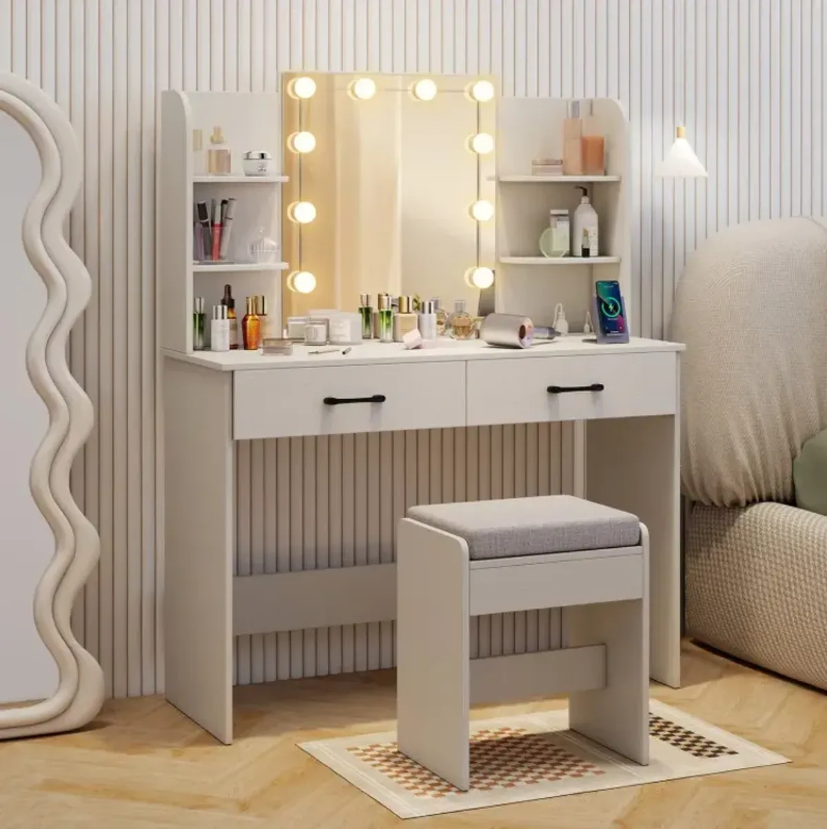 Vanity Set with Lighted Mirror and Stool with Power Outlet