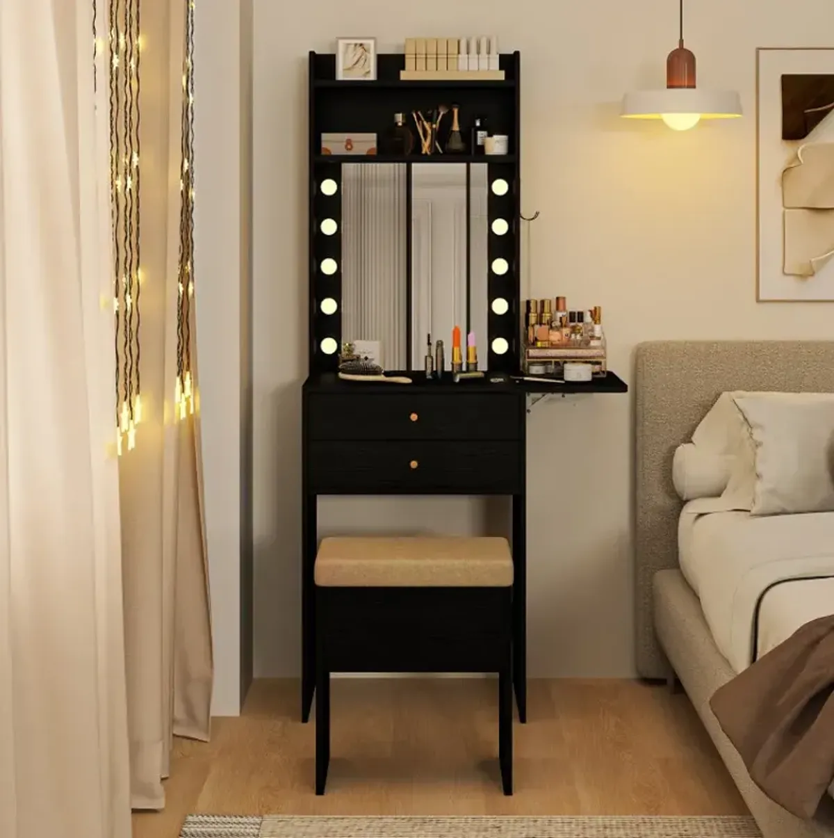 Compact Vanity Desk Set with 3-Color Lighted Mirror and Power Outlets