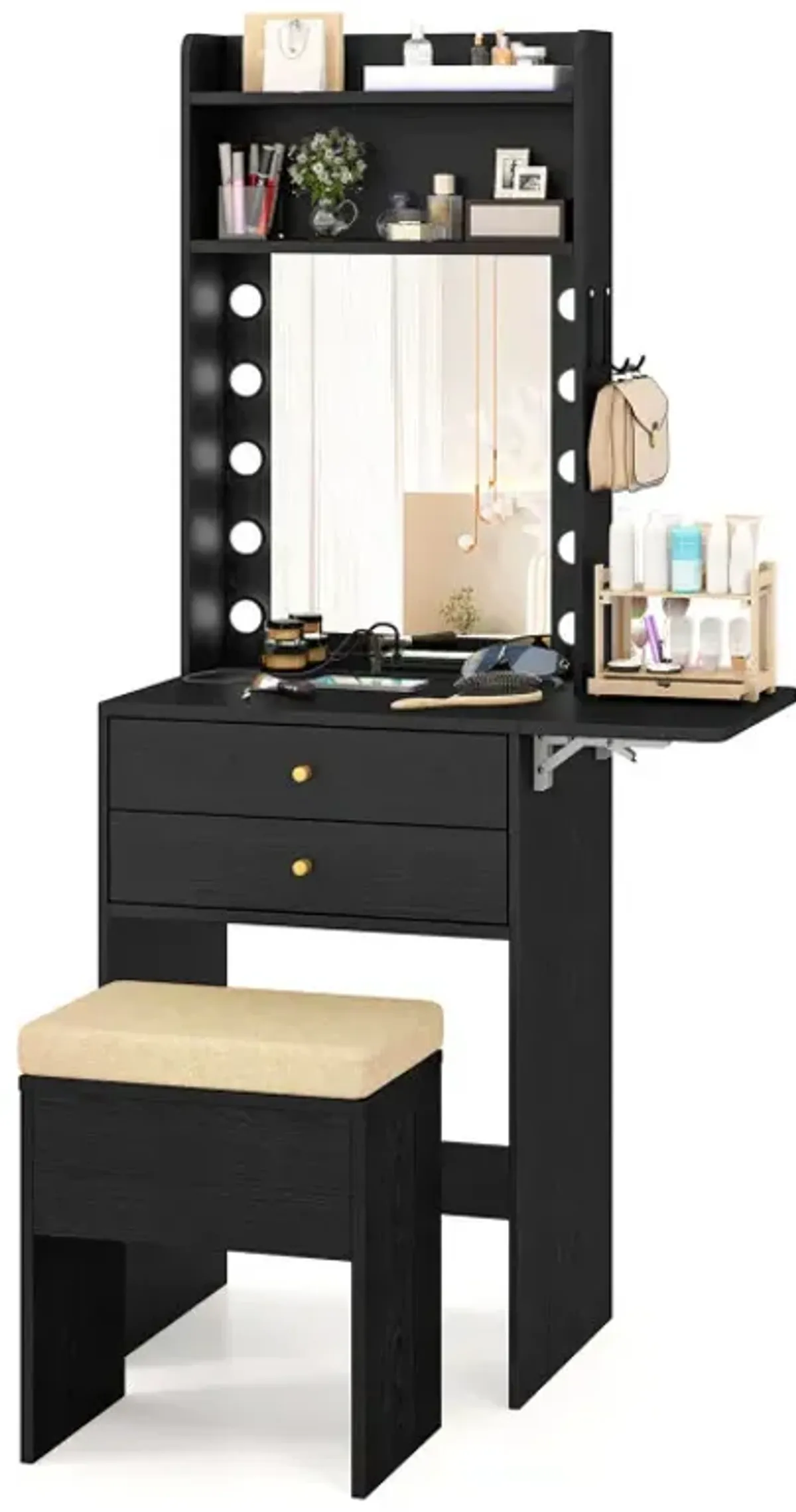 Compact Vanity Desk Set with 3-Color Lighted Mirror and Power Outlets