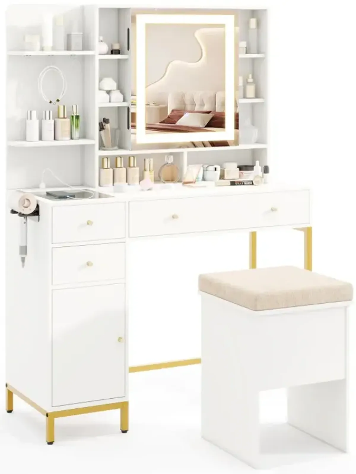 Makeup Dressing Table and Stool set with 3 Lighting Modes and Cabinet