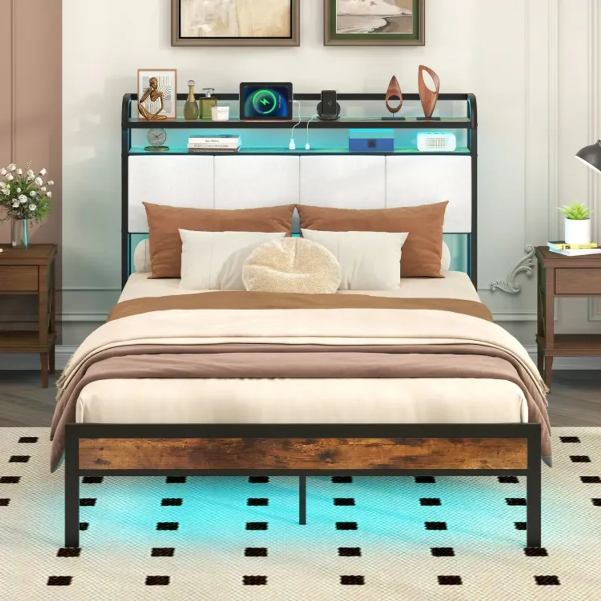 Twin/Full/Queen/King Size Bed Frame with LED Light and Charging Station