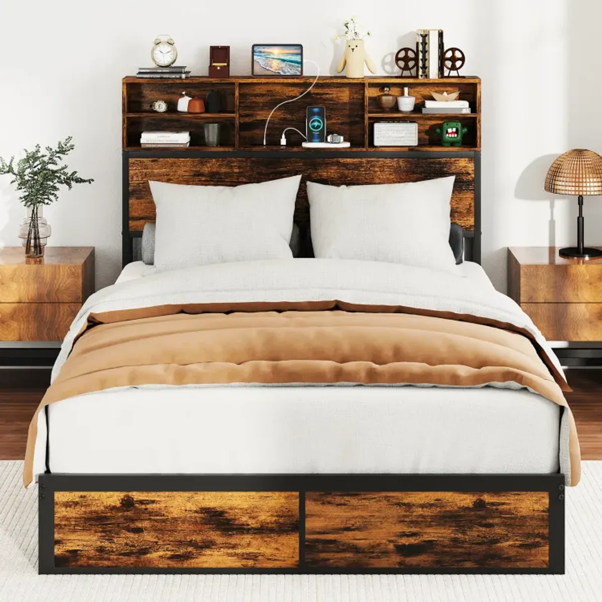 Twin/Full/Queen/King Size Bed Frame with Storage Headboard Industrial Metal Platform Bed