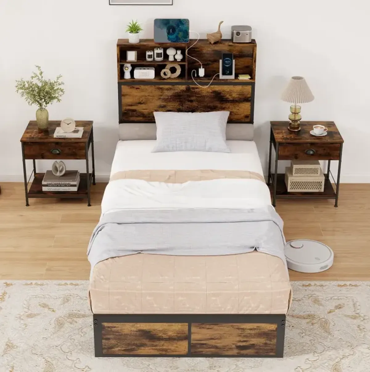 Twin/Full/Queen/King Size Bed Frame with Storage Headboard Industrial Metal Platform Bed