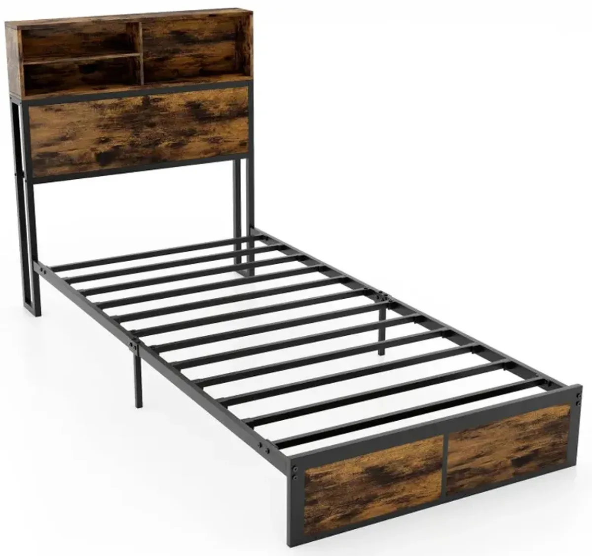 Twin/Full/Queen/King Size Bed Frame with Storage Headboard Industrial Metal Platform Bed