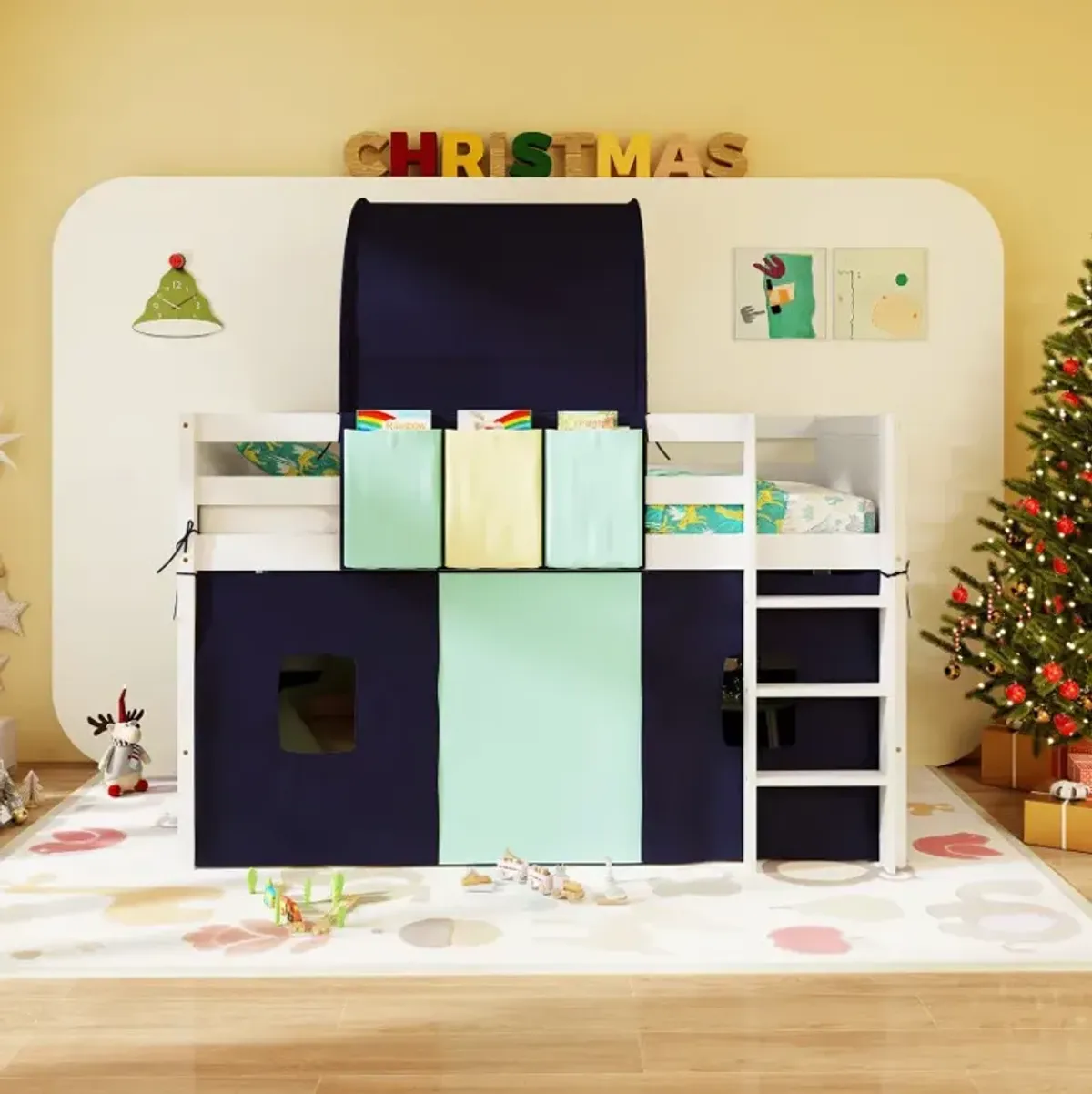 Twin Size Loft Bed Playhouse Bed Frame with Tower Tent and 3 Storage Pockets