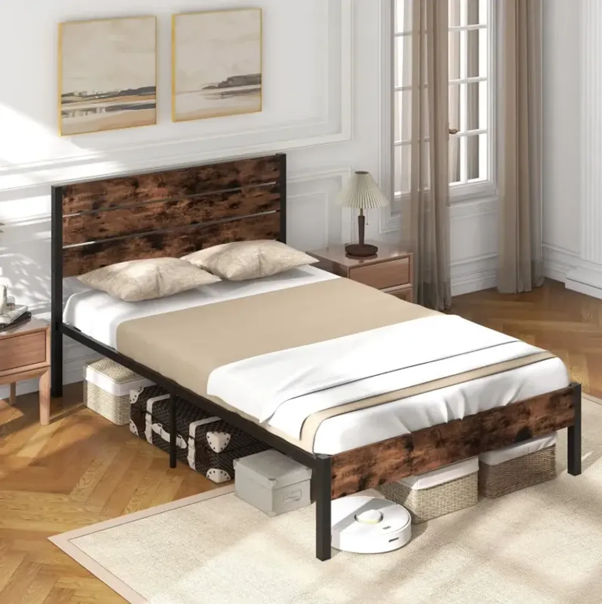 Full/King/Queen/Twin Size Bed Frame with High Headboard and Mute Bar