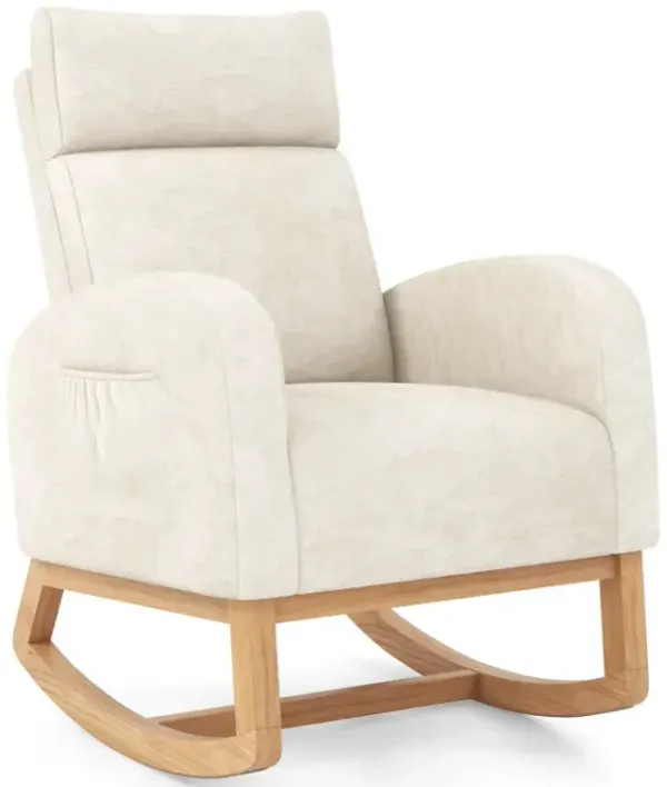 Nursery Rocking Chair Upholstered Chenille Rocker Armchair with Natural Rubber Wood Frame