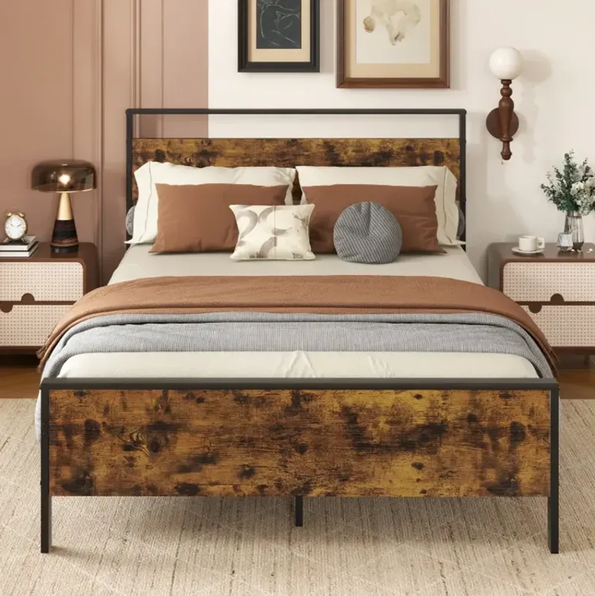 Twin/Full/Queen/King Metal Bed Frame Industrial Platform Bed with Wooden Headboard