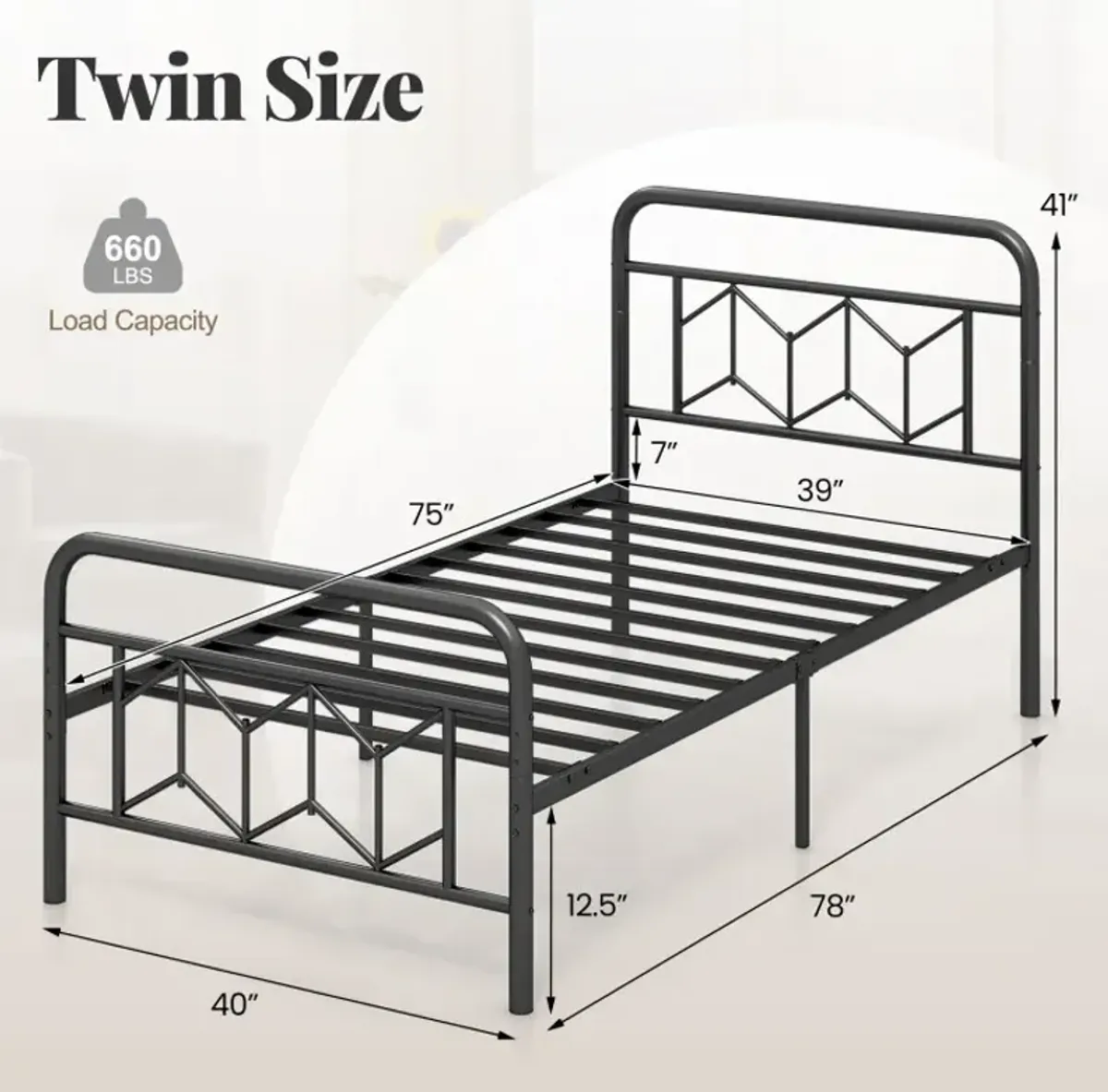 Platform Bed with High Headboard and Snap Lock Metal Slats