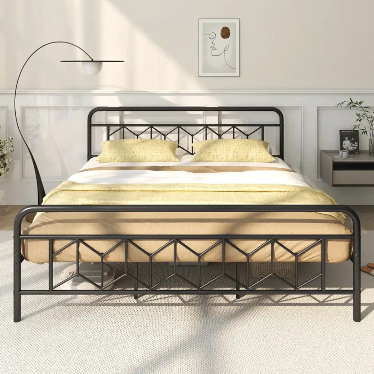 Platform Bed with High Headboard and Snap Lock Metal Slats