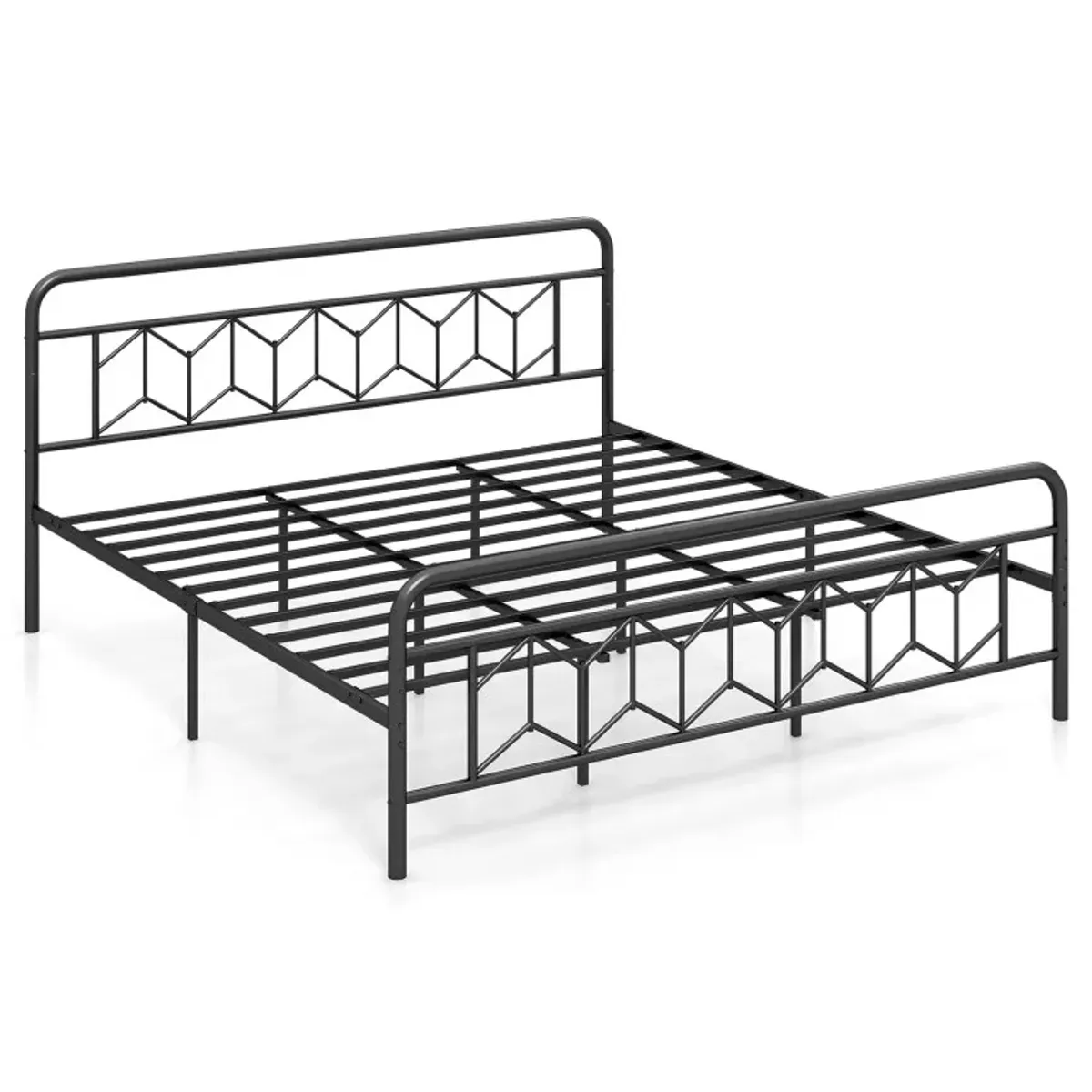 Platform Bed with High Headboard and Snap Lock Metal Slats