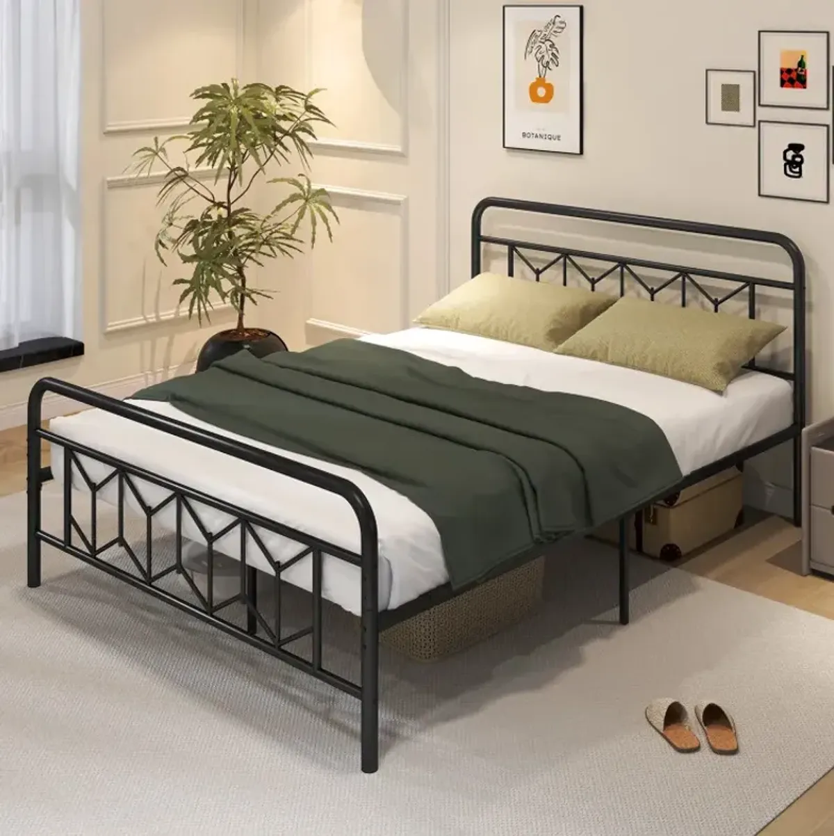 Platform Bed with High Headboard and Snap Lock Metal Slats