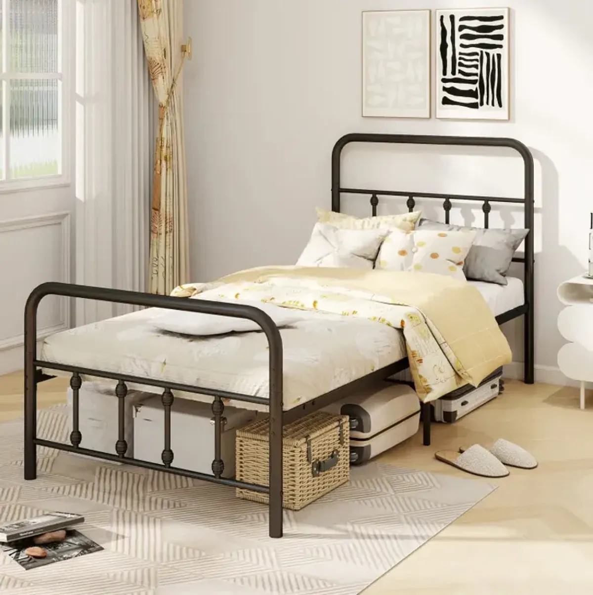 Bed Frame with Headboard and Under Bed Storage Black