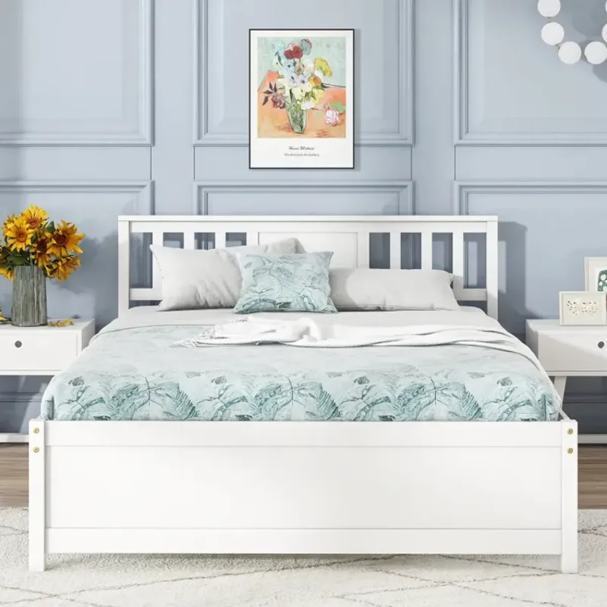 Wooden Platform Bed with Headboard and Wood Slat Support White