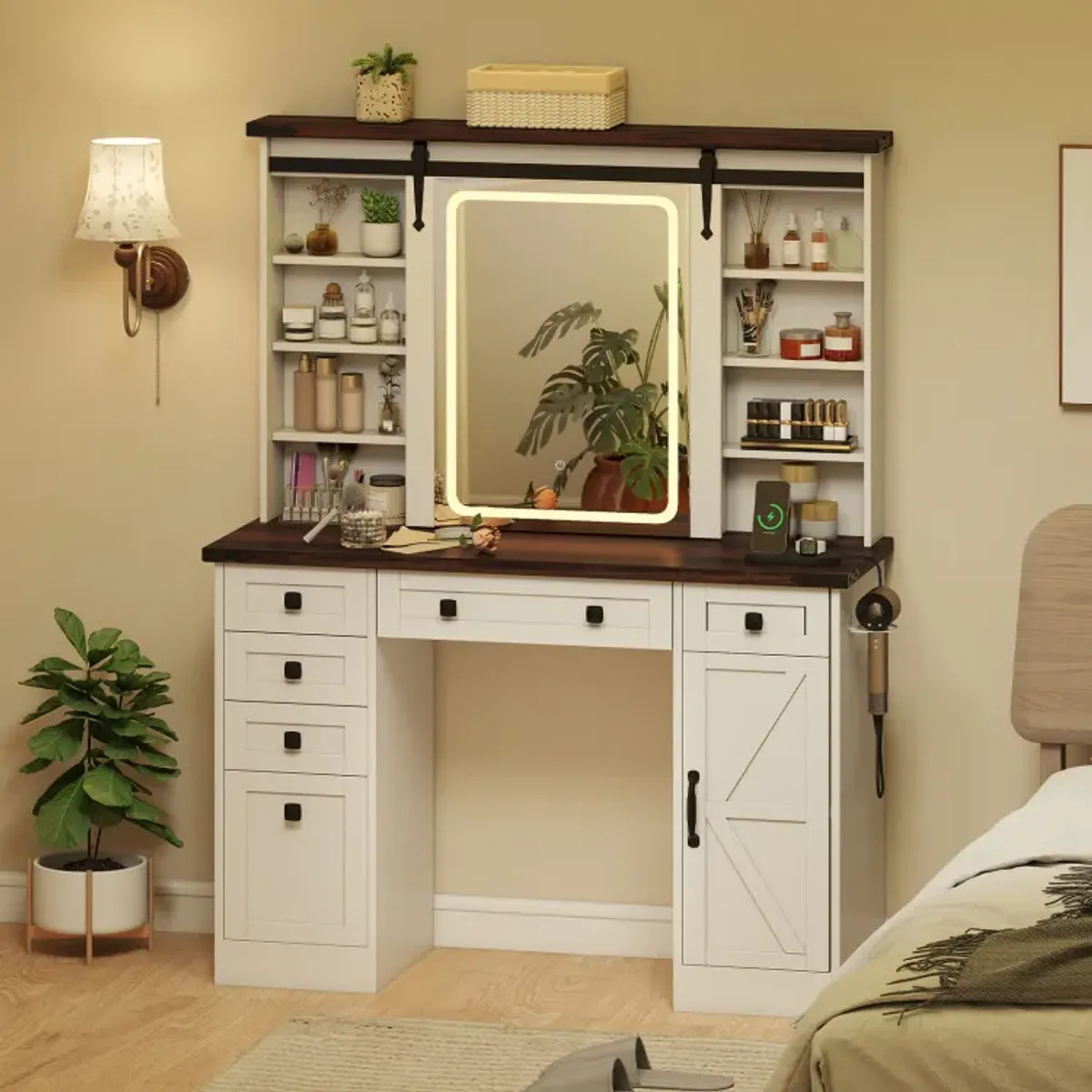 Farmhouse Vanity Desk with Barn-Style Sliding Mirror and 3 Lighting Modes