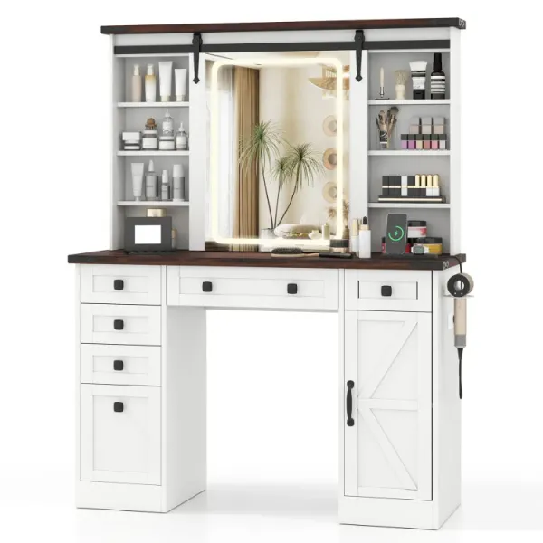 Farmhouse Vanity Desk with Barn-Style Sliding Mirror and 3 Lighting Modes