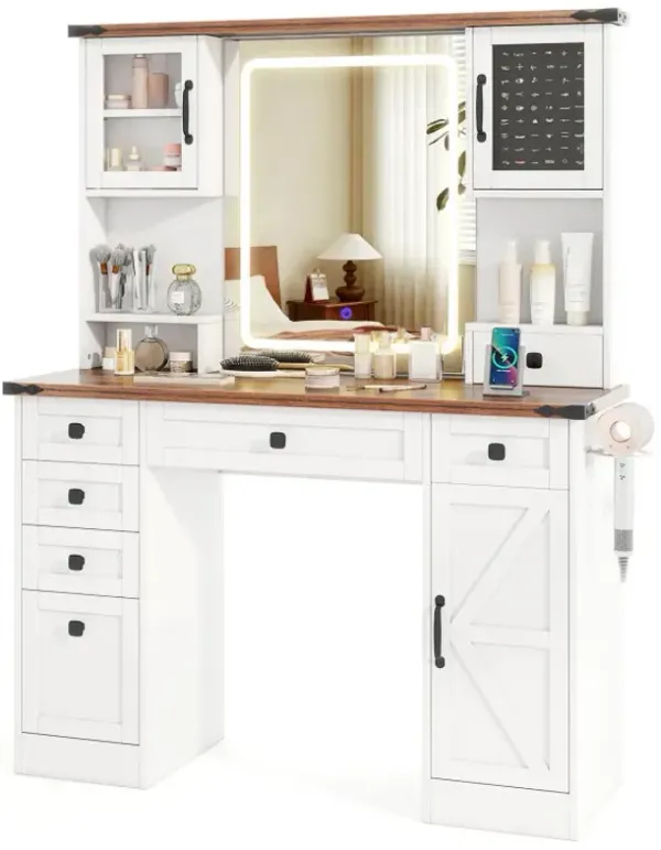Farmhouse Vanity Desk with Lighted Mirror and 3 Doors