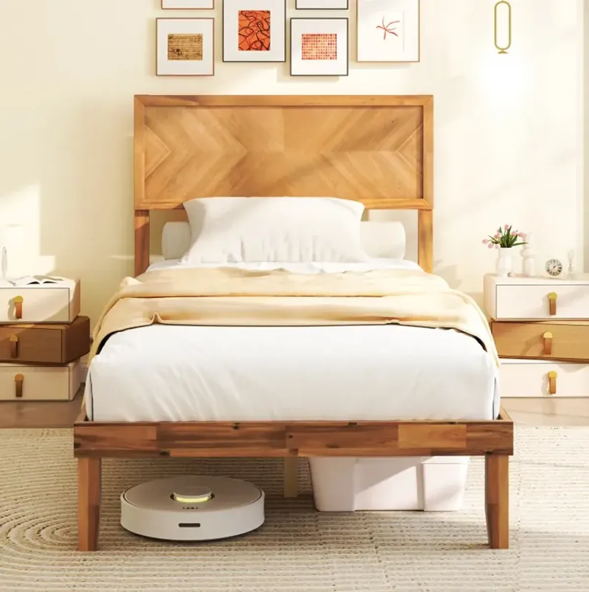 Twin/Full/Queen Size Bed Frame with Headboard and Storage Space