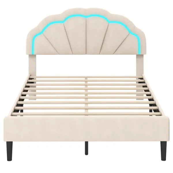 Upholstered LED Bed Frame with Adjustable Flower Headboard and Metal Support Feet