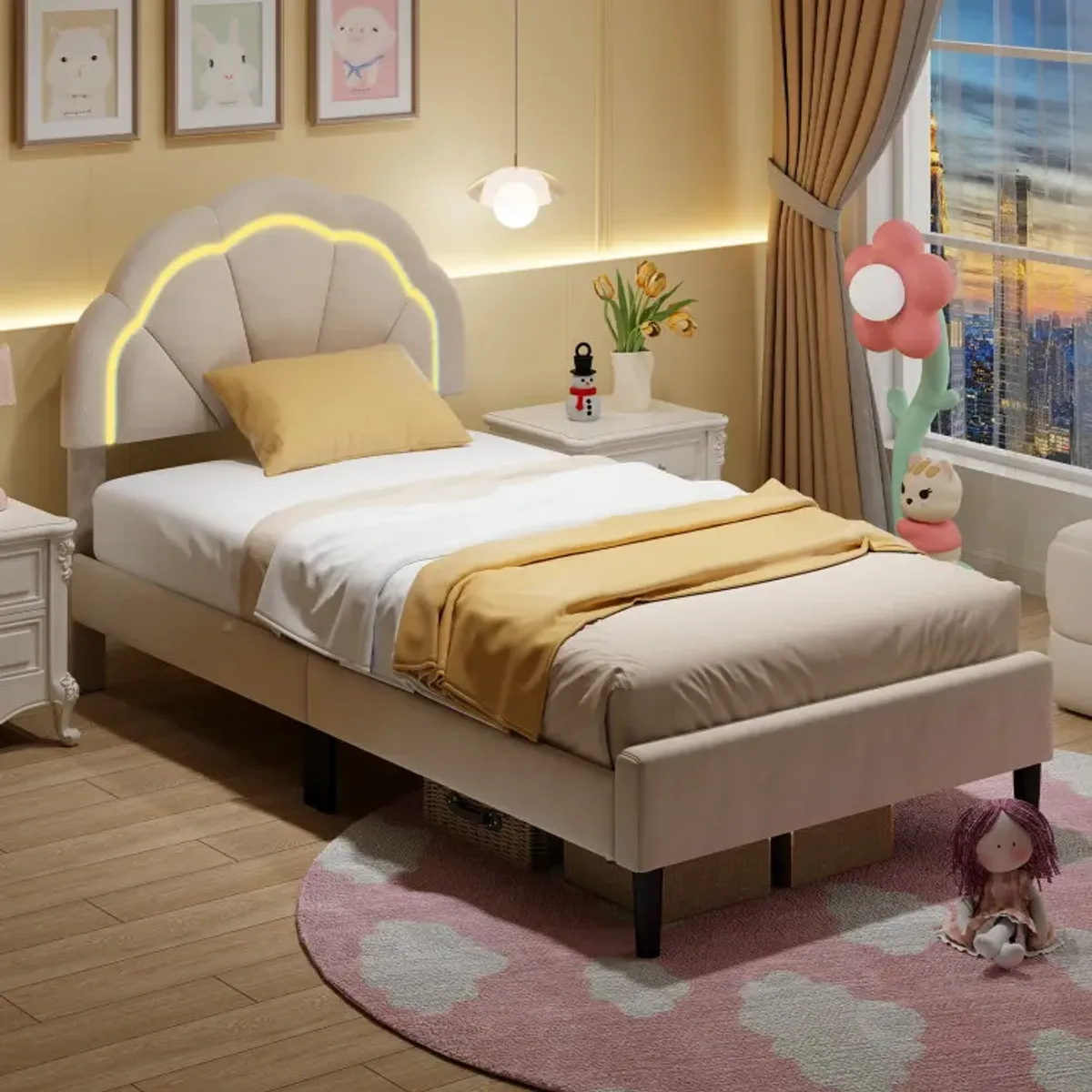 Upholstered LED Bed Frame with Adjustable Flower Headboard and Metal Support Feet