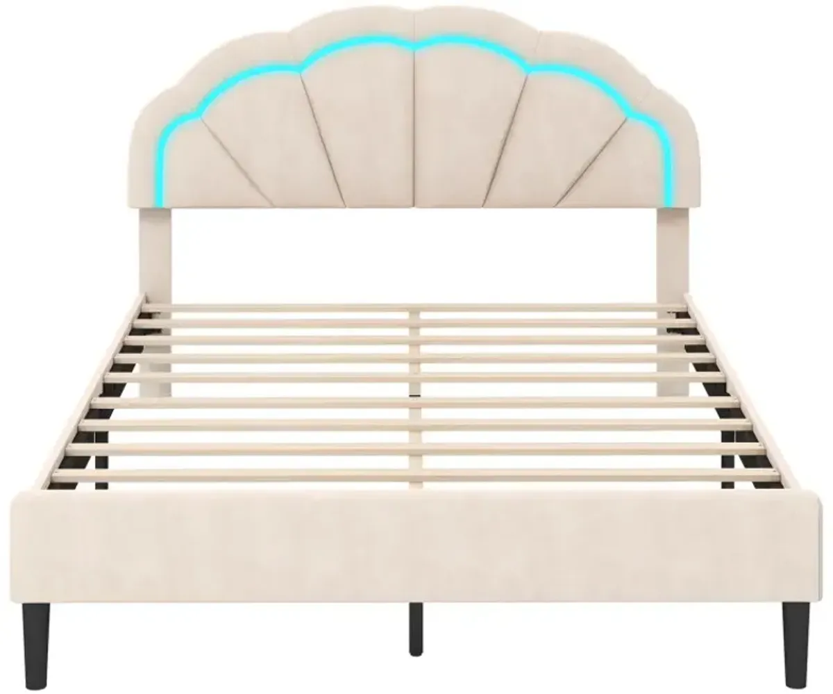 Upholstered LED Bed Frame with Adjustable Flower Headboard and Metal Support Feet