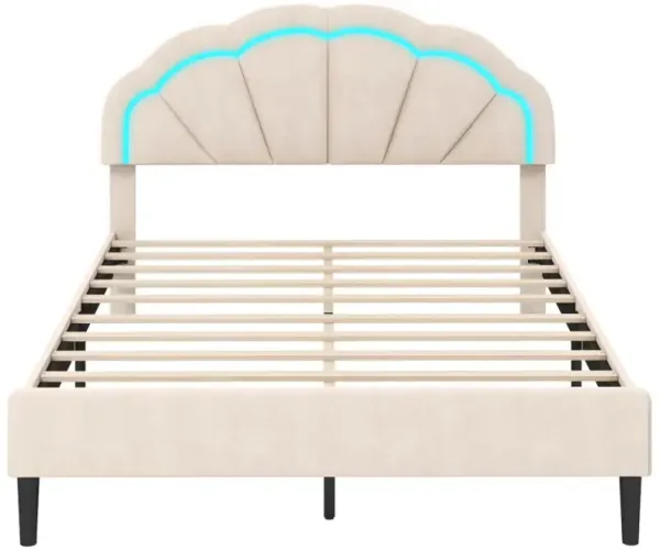 Upholstered LED Bed Frame with Adjustable Flower Headboard and Metal Support Feet