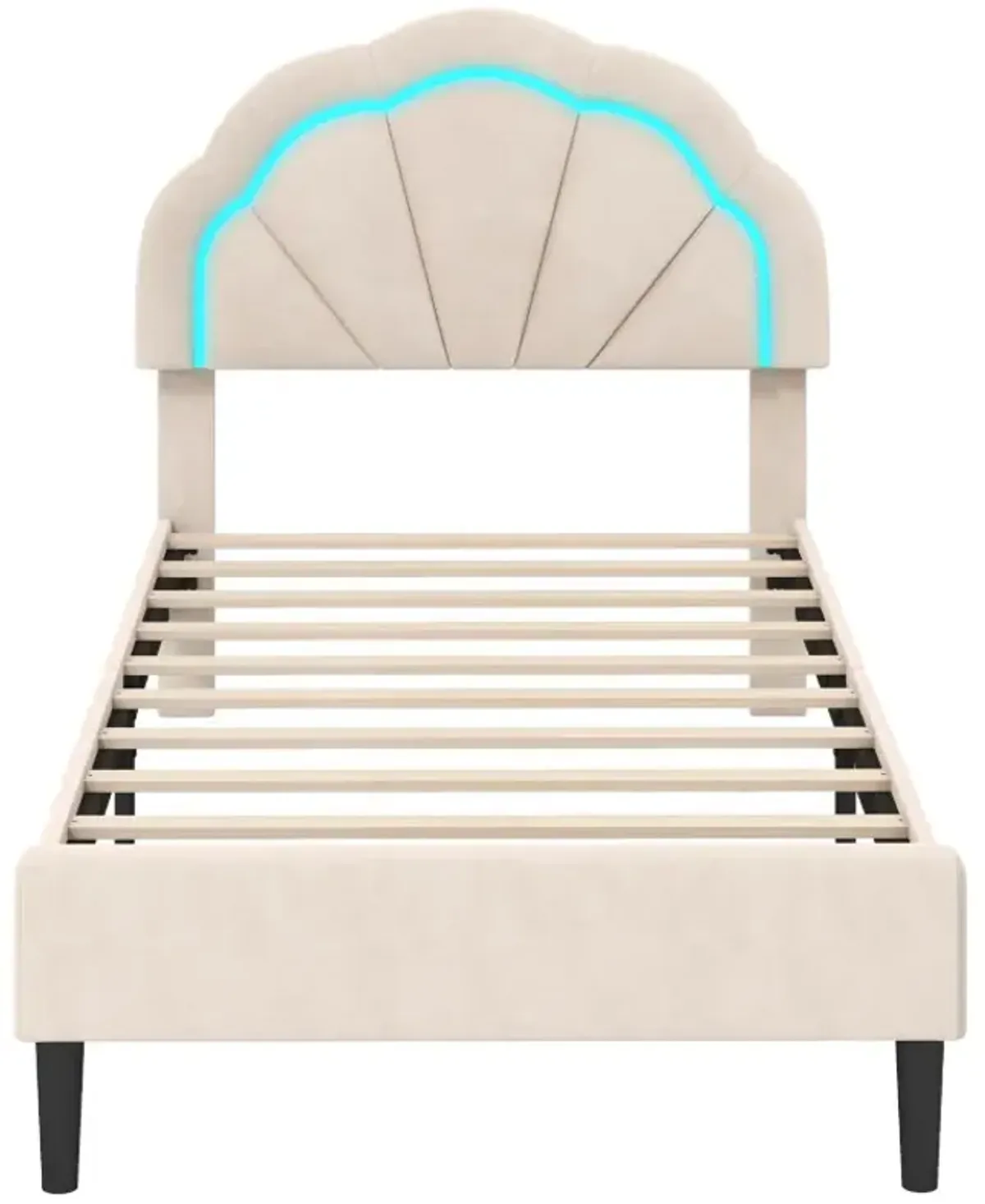 Upholstered LED Bed Frame with Adjustable Flower Headboard and Metal Support Feet