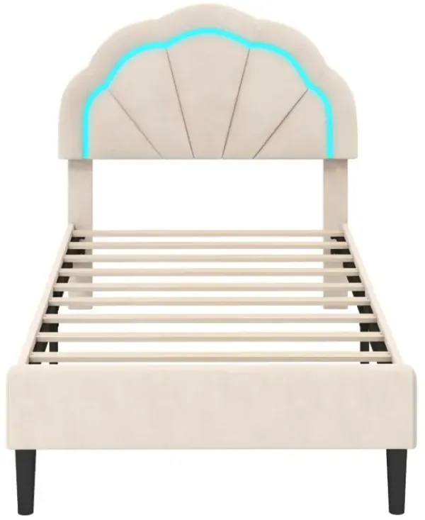 Upholstered LED Bed Frame with Adjustable Flower Headboard and Metal Support Feet