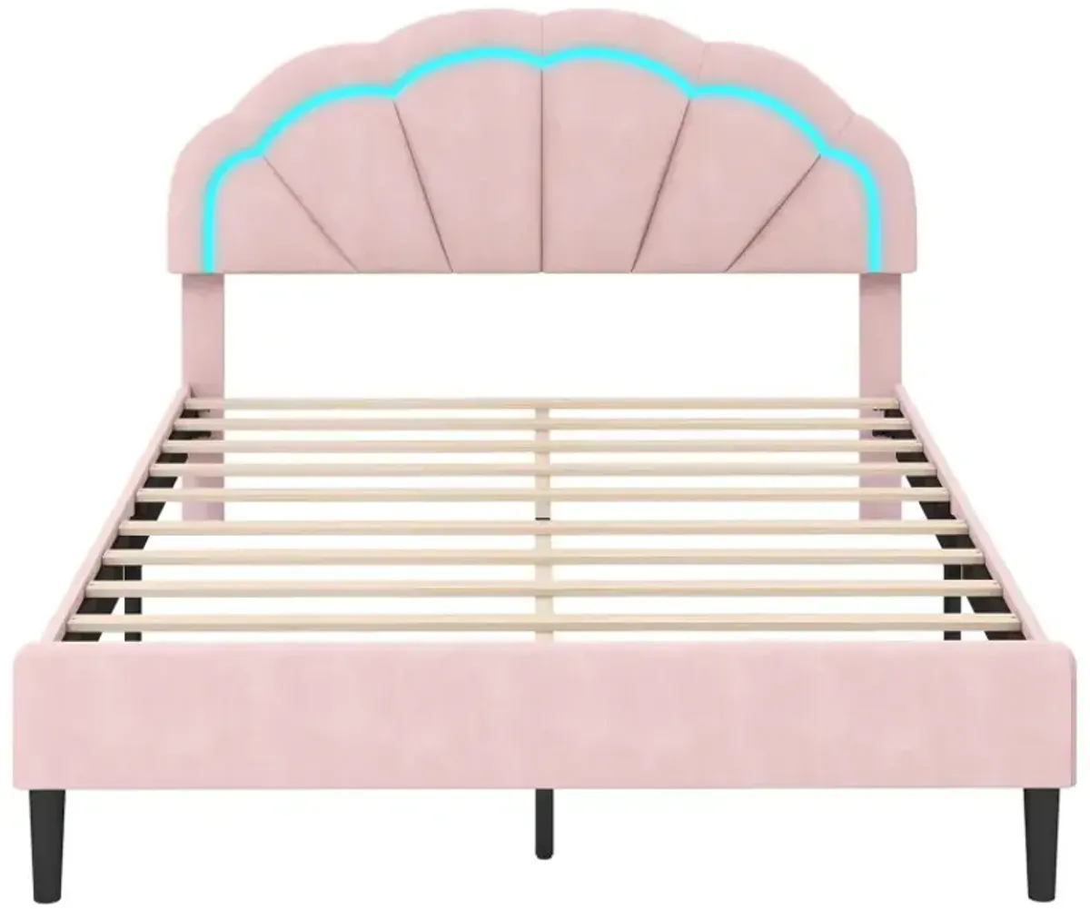 Upholstered LED Bed Frame with Adjustable Flower Headboard and Metal Support Feet Pink