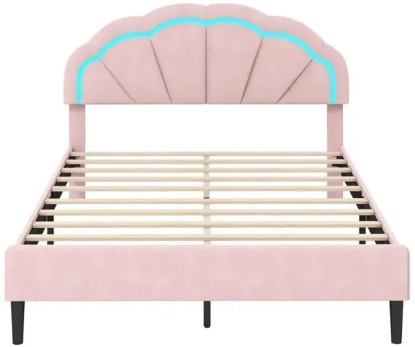 Upholstered LED Bed Frame with Adjustable Flower Headboard and Metal Support Feet Pink