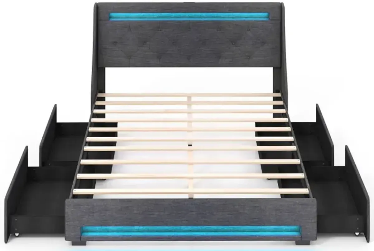 Full Size Bed Frame with LED Lights Wingback Headboard and Charging Station