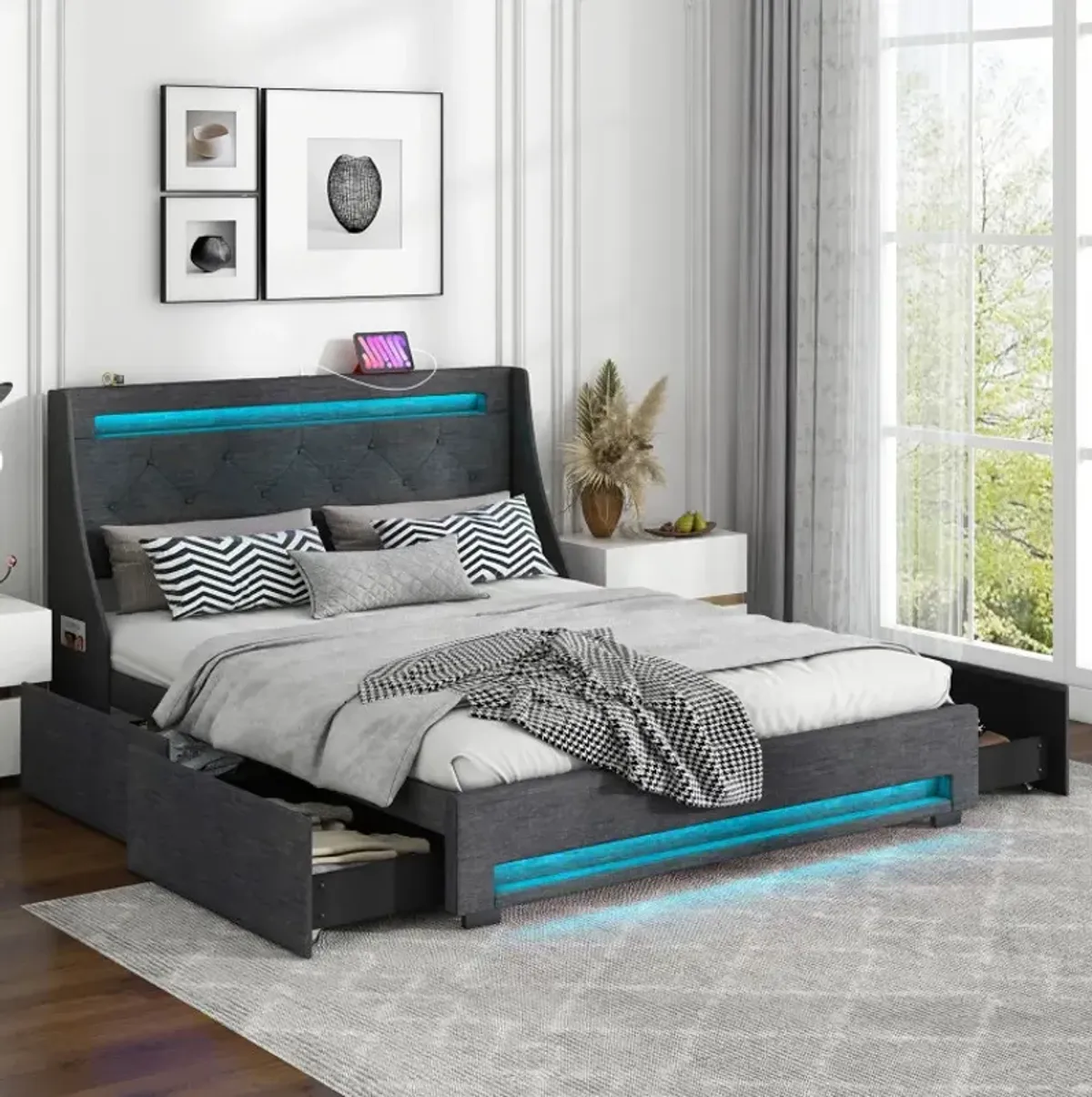 Queen Size Upholstered Platform Bed Frame with LED Lights and Charging Station