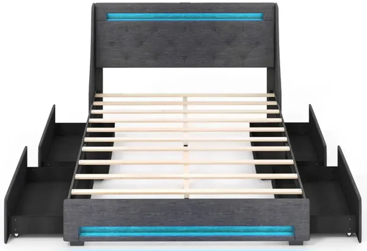 Queen Size Upholstered Platform Bed Frame with LED Lights and Charging Station