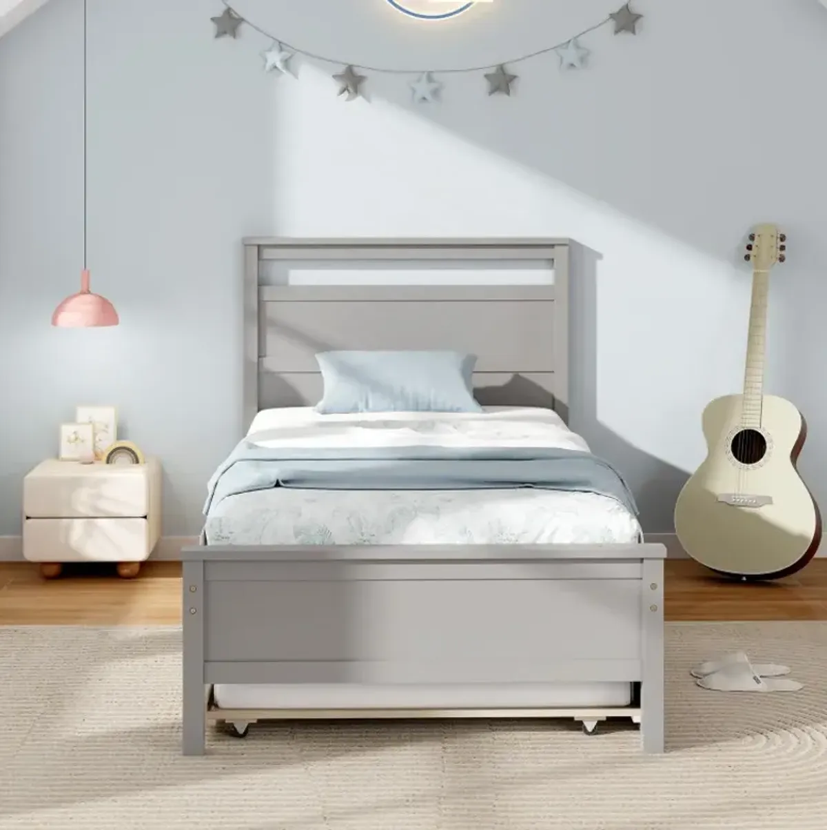 Twin Size Wooden Bed Frame with Trundle for Teens and Adults