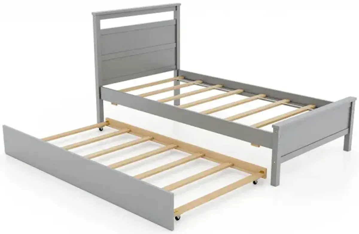 Twin Size Wooden Bed Frame with Trundle for Teens and Adults