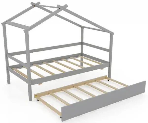 Kids Twin Size House Bed with Trundle and Roof