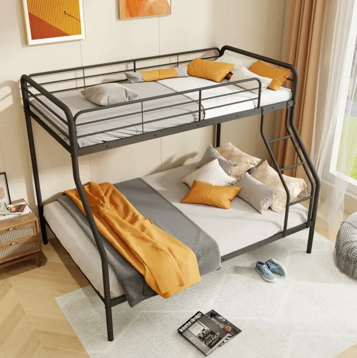 Twin Over Full Bunk Bed with Ladder and Full-length Guardrails