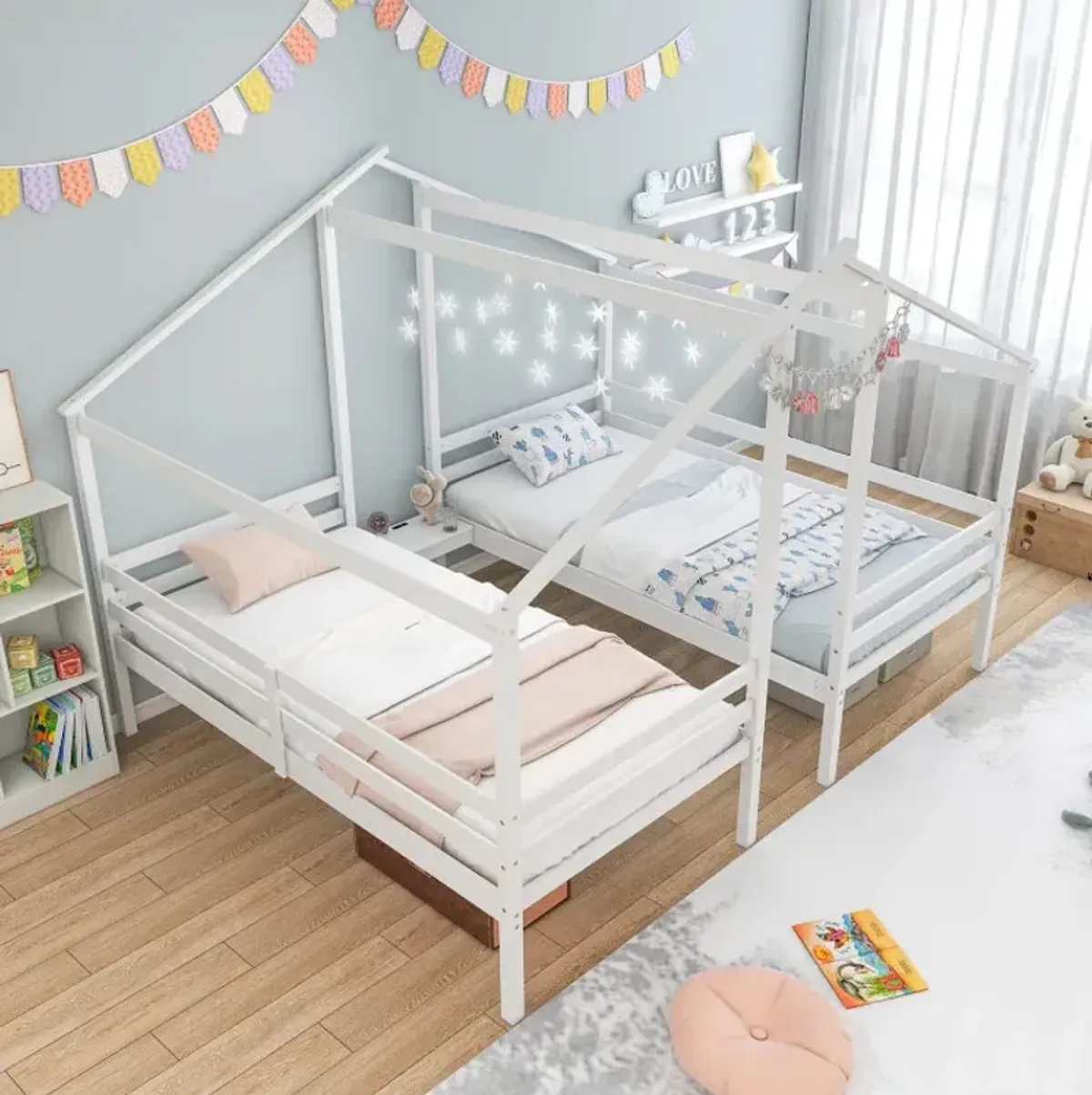 Double Twin Size Wooden Bed Frames with Built-in Table for Kids