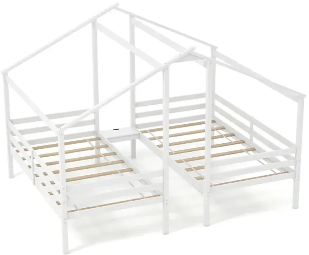 Double Twin Size Wooden Bed Frames with Built-in Table for Kids