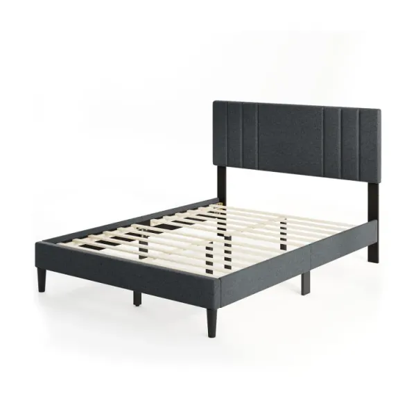 Full/Queen/Twin Size Bed Frame with Vertical Channel Tufted Headboard and Wooden Slats