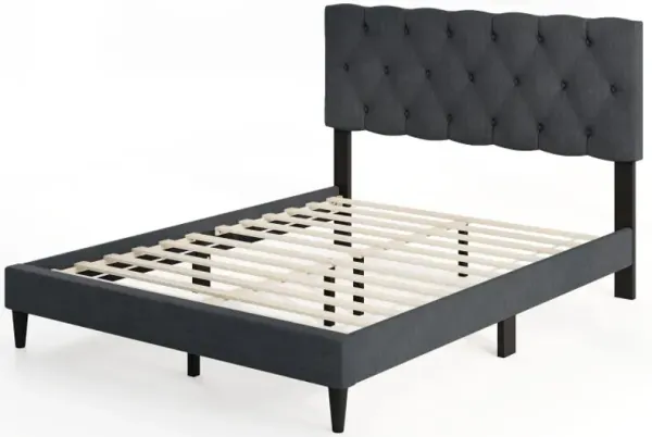 Upholstered Platform Bed with Tufted Headboard and Wooden Slats Gray