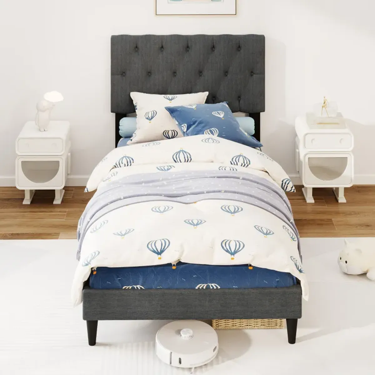 Upholstered Platform Bed with Tufted Headboard and Wooden Slats Gray