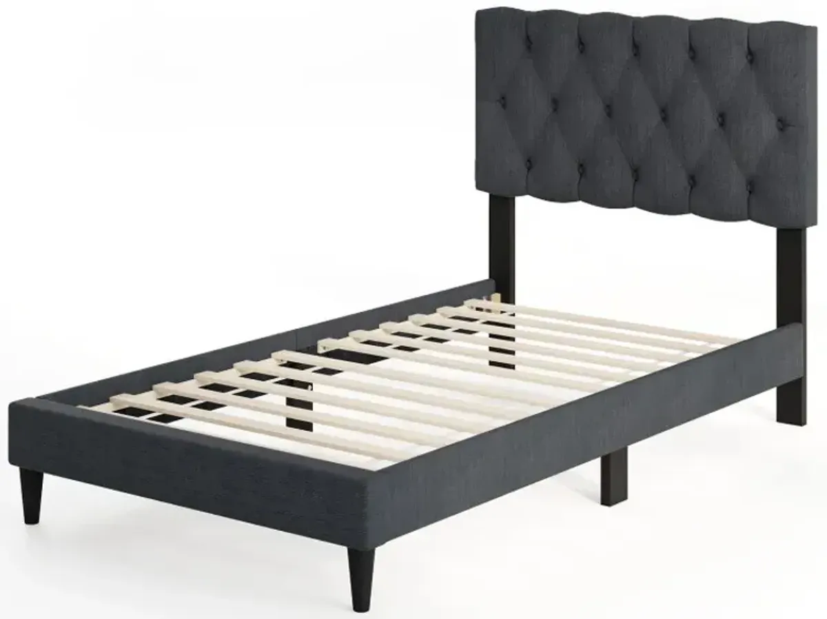 Upholstered Platform Bed with Tufted Headboard and Wooden Slats Gray