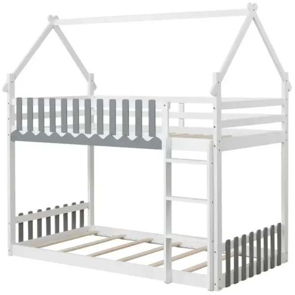Twin Over Twin Bunk Bed with Fence and Ladder for Kids