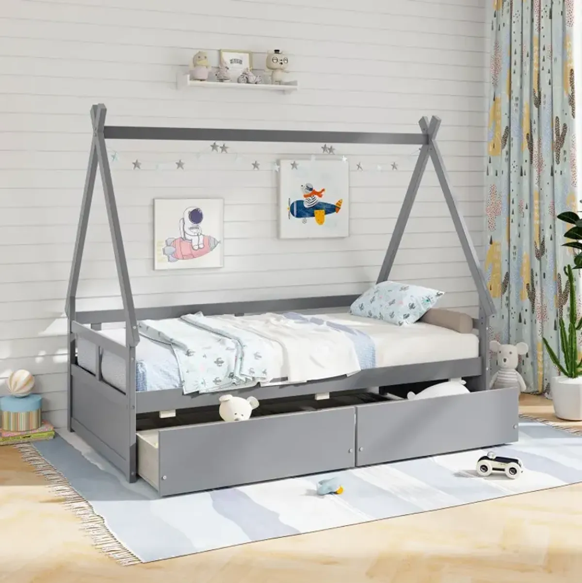 Twin Size House Bed with Roof and Safety Guardrail