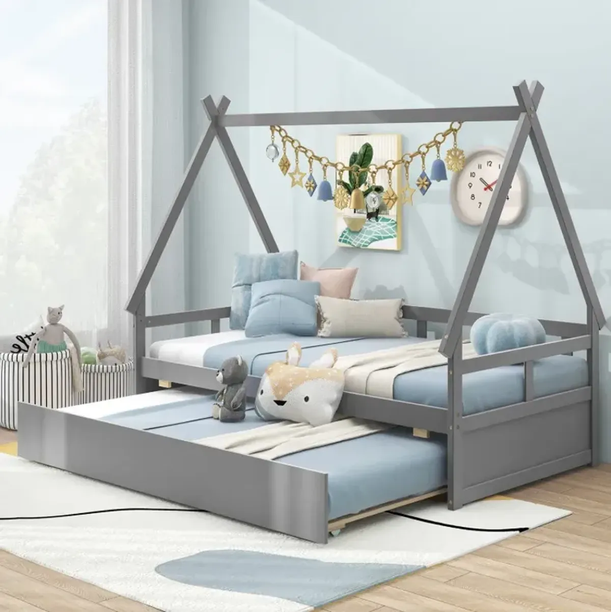 Twin Size House Bed with Trundle and Safety Guardrail