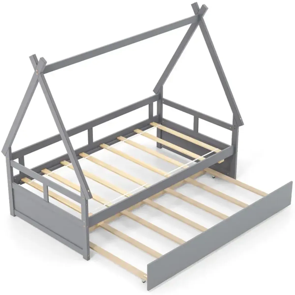 Twin Size House Bed with Trundle and Safety Guardrail